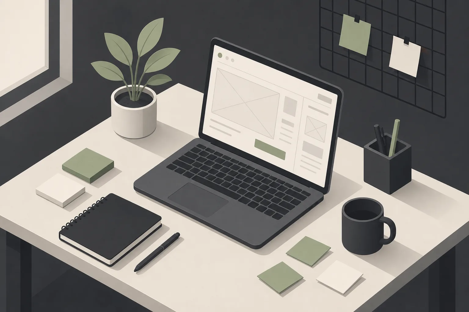 A designer's desk with a blank wireframe on the laptop