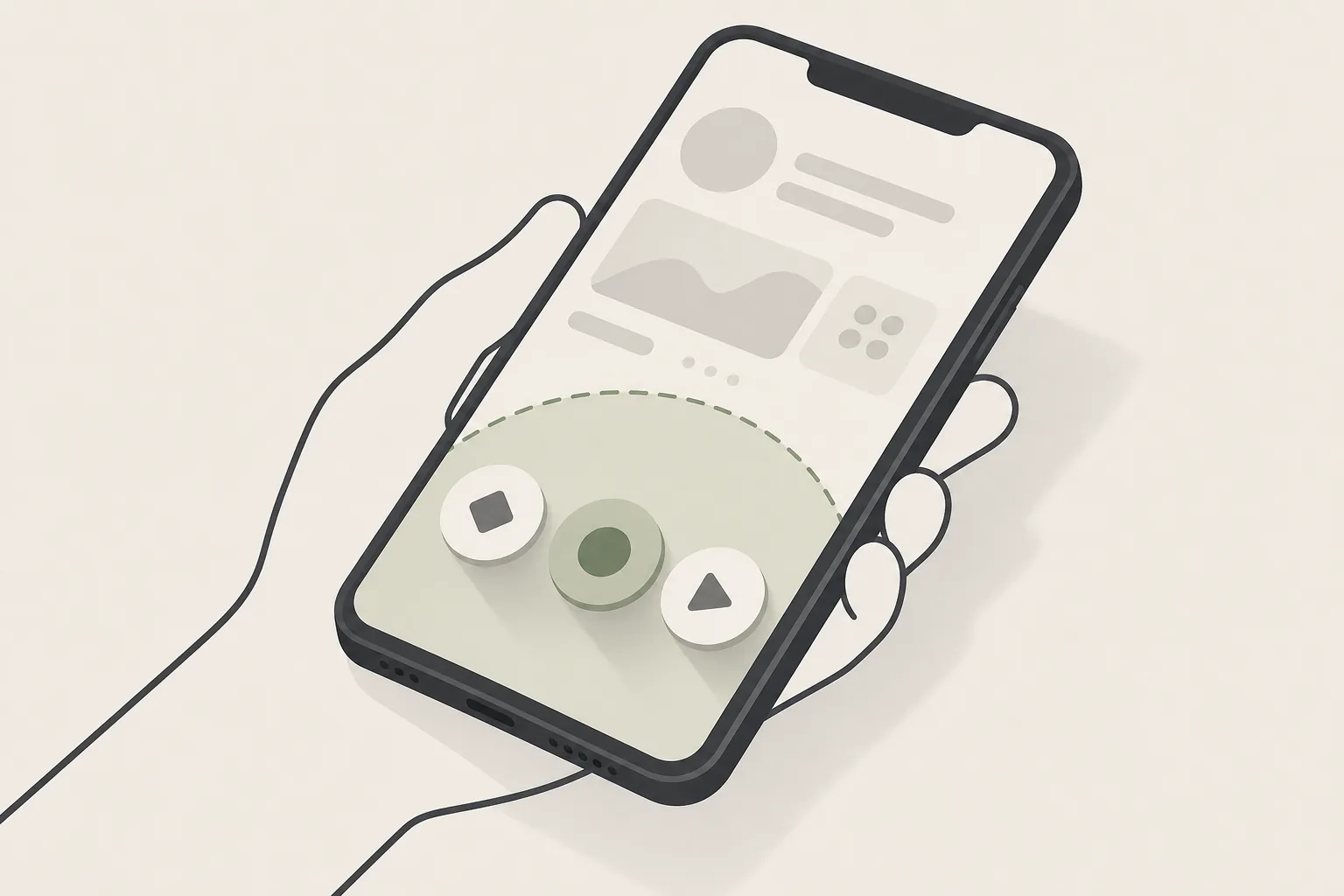 A thumb-reach arc over large round buttons on a phone — one-handed, accessible controls