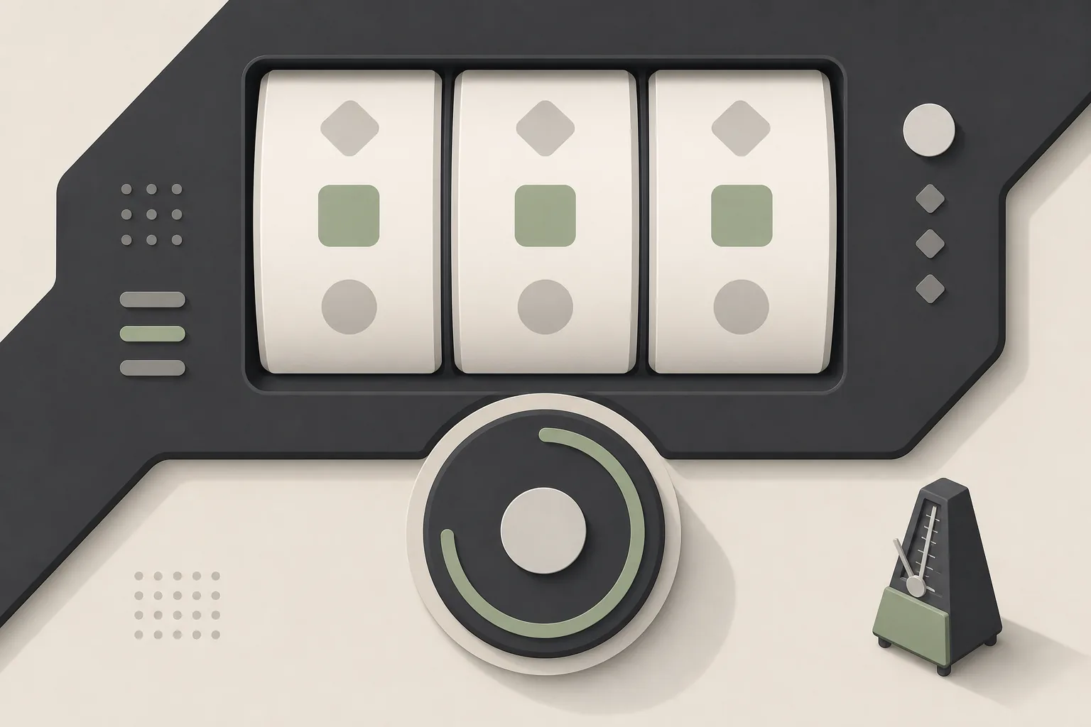 A spin button with a progress ring in front of settling reels — the fixed spin cycle